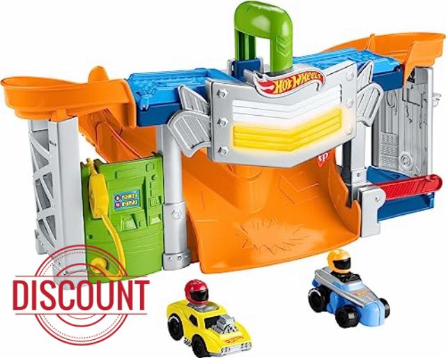 Fisher-Price Little People Hot Wheels Race Track for Toddlers with Lights Sounds and 2 Wheelies Cars