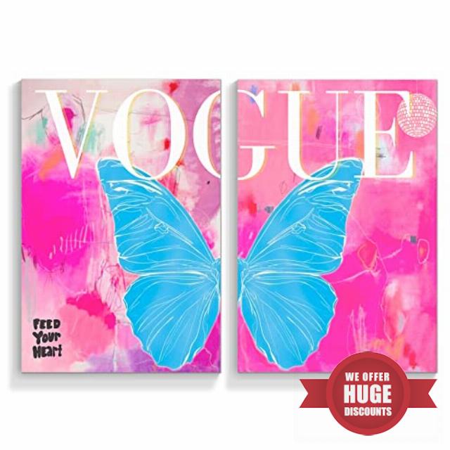 TACRIG 2 Piece Trendy Preppy Blue Butterfly Canvas Wall Art - Pink Vogue Pictures Posters for Girls Bedroom - Fashion Disco Ball Decoration Feed Your Heart Positive Quotes Print Decor 16x24in Unframed