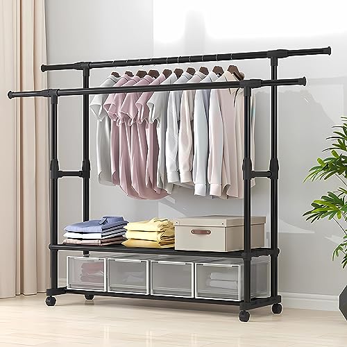 Rolling Clothes Organizer with Wheels and Bottom Shelves
