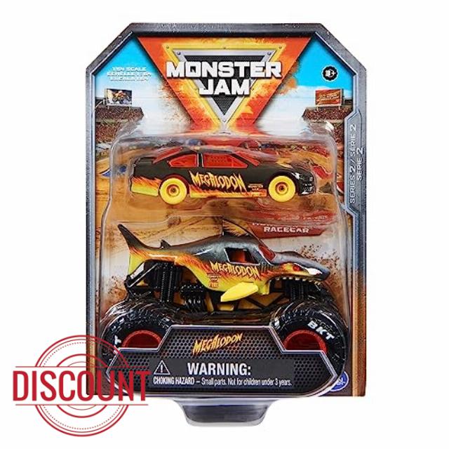 Monster Jam Official 1:64 Scale Diecast 2-Pack Monster Truck and Race Car: Megalodon