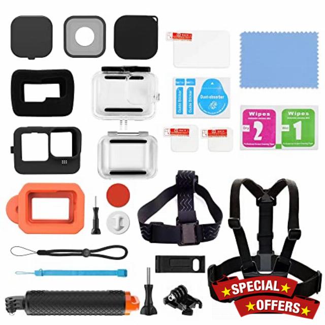 Accessories Kit for GoPro Hero 11/10/9 Waterproof Housing Silicone Case Glass Screen Protector Lens Cap Head Strap Chest Bundle Buoyancy Grip Floaty Case Windslaye