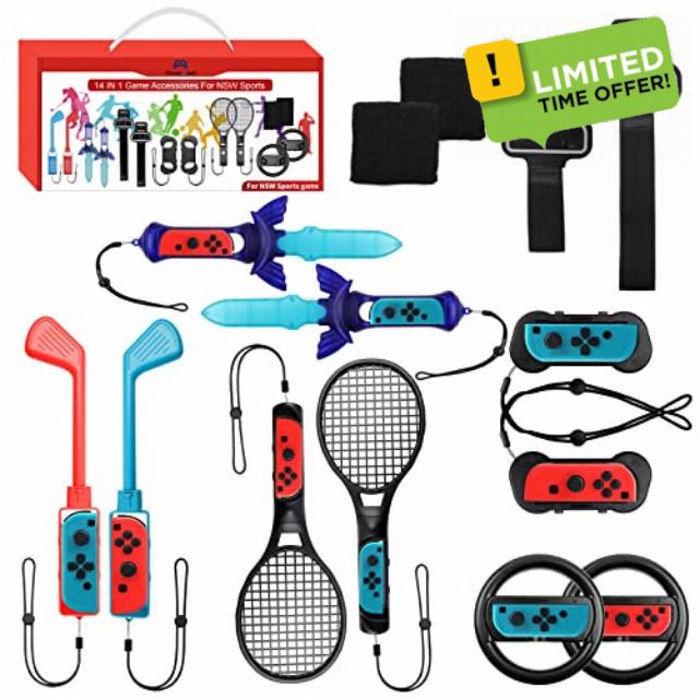 Switch Sports Accessories Bundle - 14 in 1 Family Accessories Bundle Pack for Nintendo Switch/Switch OLED with Tennis Rackets
