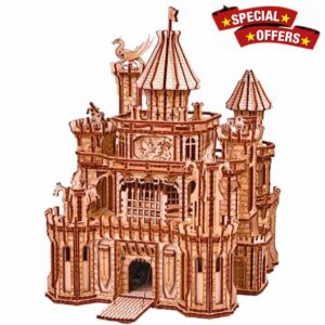 Wood Trick Dragon Castle Moveable Wooden 3D Puzzles for Adults and Kids to Build - Red LED - Greensleeves Melody - Towers Rotating - Engineering DIY Project Mechanical Model Kits for Adults Models