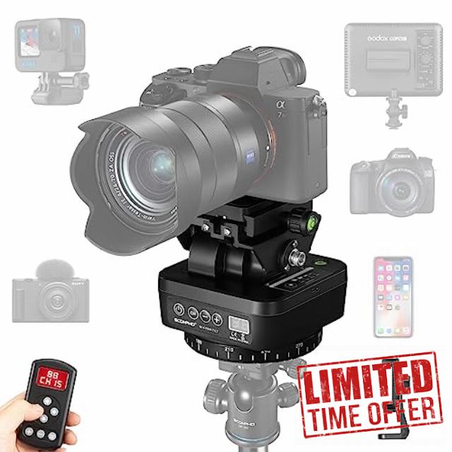 Soonpho M4 Tripod Camera Panorama Head Remote Control Pan Tilt Motorized Head 360 Degree Electric Erectable with Phone Clamp and Remote Control for DSLR Cameras