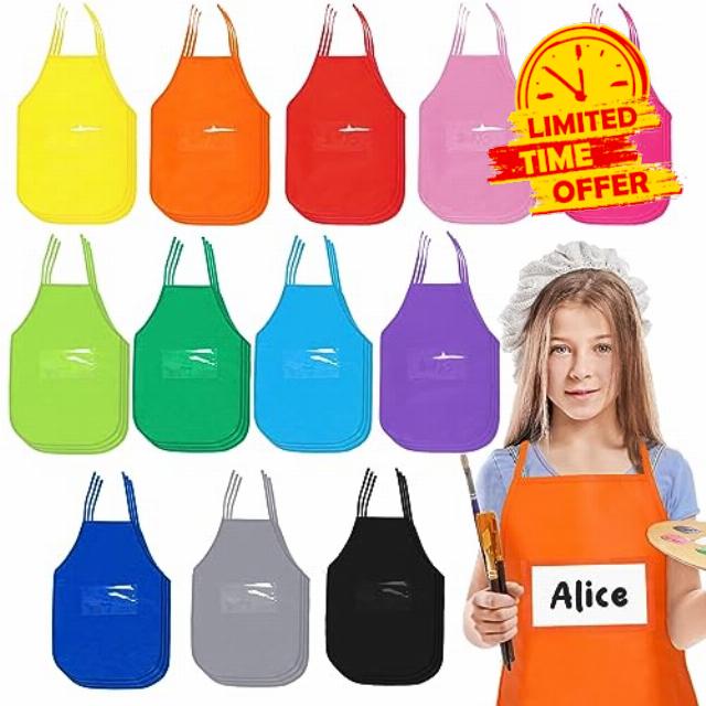 Whaline 60Pcs Children's Artists Fabric Aprons with Pockets Kids Painting Aprons Child Pocketed Aprons Kids Paint Smock for Crafts & Art Painting Activity Kitchen Classroom Community Event 12 Colors