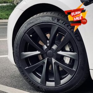 CYBERBEANS 4PCS for Tesla Model 3 Wheel Cover Hubcaps Hub Caps Replacement Steering Rim Protector Exterior Accessories Matte Black 18 Inch Arachnid