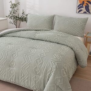 Light Green Boho Comforter for Women Girls Geometry Embroidery Bedding Set 3 Pieces Soft Microfiber Comforter (1 Comforter + 2 Pillowcases)