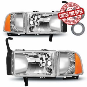 telpo Headlight Assembly Fit For 1994-2001 1994 1995 1996 1997 1998 1999 2000 2001 Dodge Ram 1500 94-01 1994-2001 Dodge Ram 1500/1994-2002 94-02 Dodge Ram Pickup 2500 3500 Headlights