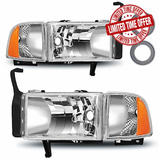 telpo Headlight Assembly Fit For 1994-2001 1994 1995 1996 1997 1998 1999 2000 2001 Dodge Ram 1500 94-01 1994-2001 Dodge Ram 1500/1994-2002 94-02 Dodge Ram Pickup 2500 3500 Headlights
