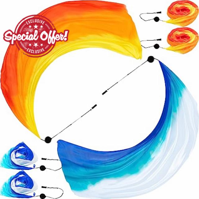 Jenaai 4 Sets Belly Dance Colorful Veil Poi Scarf Poi Streamer with Poi Balls Silk Poi for Stage Props