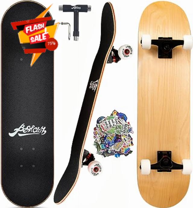 Bestclub 2023 Pro Complete Skateboards for Beginners Adults Teens Kids Girls Boys 31x8 Inch Skate Boards 7 Layer Canadian Maple Double Kick Deck Concave Longboards