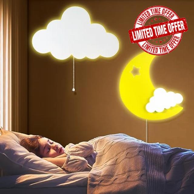 Retisee 2 Pcs Cloud LED Night Light Moon Light Floating Cloud Wall Lamp Moon Cloud Lamp Sign Light Nursery Night Light for Baby Nursery Room Decor Baby Kids Children Adults Gifts