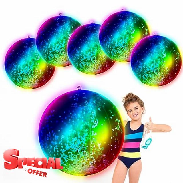 Jexine 6 Pcs 24 Inches Jumbo LED Inflatable Beach Balls Lighted Beach Balls Glow in The Dark Beach Balls Water Inflatable Ball Glitter Ball Outdoor Summer Pool Party Decor for Adults Swimming