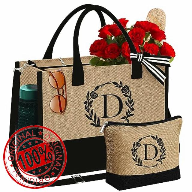 YOOLIFE Initial Jute Tote Bag & Makeup Bag Beach Tote Bag with Zipper Pockets Adjustable Strap Birthday Gifts for Women Her