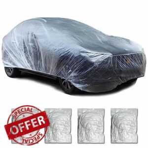 Universal Plastic Car Cover Waterproof Dustproof Full Exterior Covers Disposable Full Car Cover with Elastic Band Clear Car Protector for Sedan Outdoor Snow Rain Weather (L 4Pack)