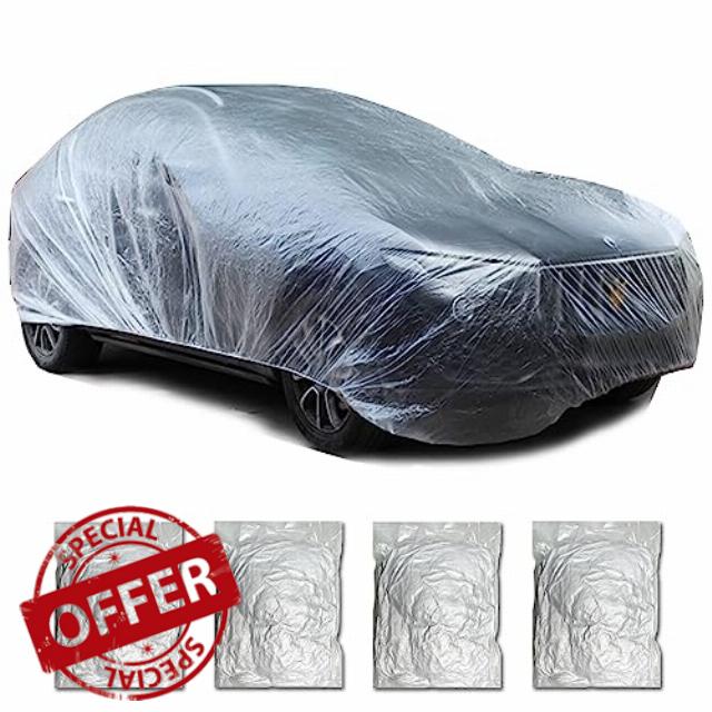 Universal Plastic Car Cover Waterproof Dustproof Full Exterior Covers Disposable Full Car Cover with Elastic Band Clear Car Protector for Sedan Outdoor Snow Rain Weather (L 4Pack)