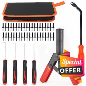 POVTIMS 46Pcs Poly Rivet Gun Set Multifunctional Rivet Removal Tool Universal Tool Pick and Hook Set for All Plastic Rivets Safe Metal Plastic Clips Removal Hand Riveter Suitable for Automotive