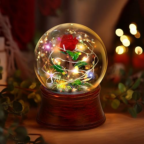 Preserved Red Rose Flower Musical Snow Globe LED Light Up Rose Snowglobe Water Globe Rose Gift for Mom Women Girls