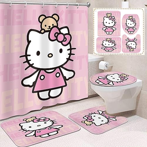 Bear Lies On Little Girl's Head Pink Shower Curtain Sets for Bathroom Decor