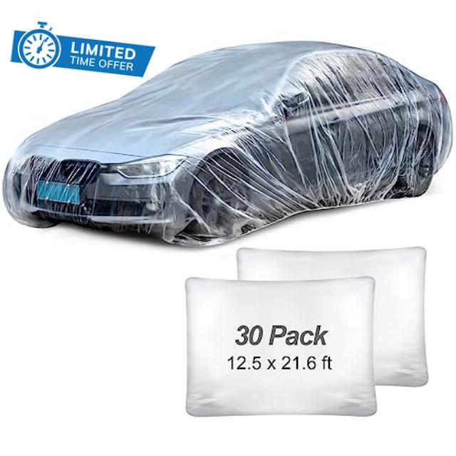 30 Pack Disposable Car Covers 12.5 x 21.6 ft Plastic Car Cover Full Exterior Covers Universal Plastic Car Cover Waterproof Dust-Proof Clear Car Cover with Elastic Band Transparent Car Protector