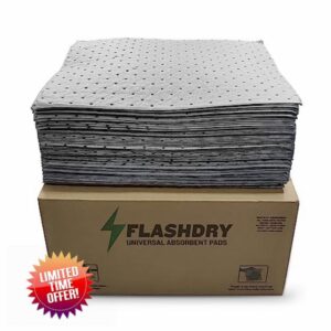 FlashDry - Universal Spill Absorbent Pads (100 Pads per Container) | 15&rdquo; x 17&rdquo; x 2mm Oil and All Purpose Premium Liquid Pads Packed in a Convenient Lightweight Box