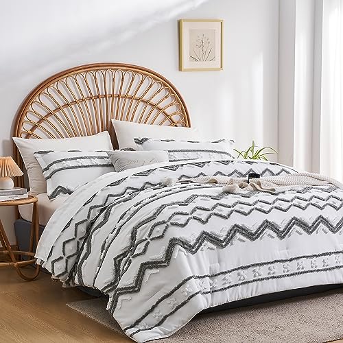 Grey White Geometry Embroidery Boho Beddding Set
