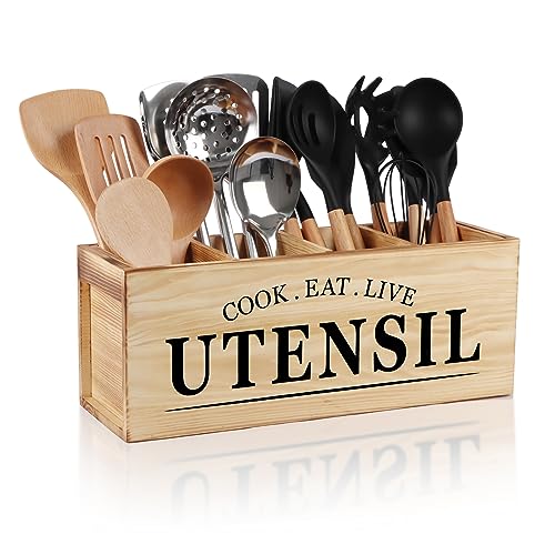 Farmhouse Wooden Utensil Holder for Kitchen Counter