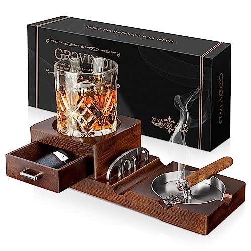 Whiskey Glass Tray and Wooden Ash Tray Detachable Ashtray for Cigarettes