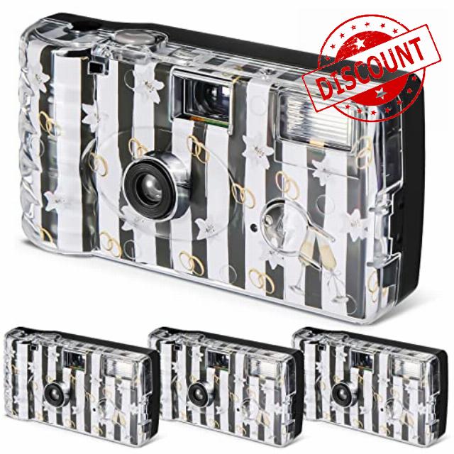 4 Pack Disposable Camera Wedding Disposable Camera Black and White Film Camera Disposable Camera with Flash One Time Use Camera 36 Exp/400 ISO for Wedding Anniversary Travel Camp Party Supply (Flower)