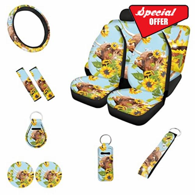 FUIBENG Highland Cow Sunflower Flower Car Seat Cover 12 Pcs Full Set Cow Lover Cars Accessory with Auto Steering Wheel Cover Seatbelt Pad Keychains Balm Lip Holder Case Absorbent Non Slip Coasters