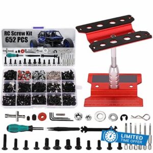 RC Car Stand and 652 PCS RC Screw Kit RC Car Work Stand Repair Workstation RC Hardware Kit Universal RC Car Screw Tools Assortment Kit and Portable RC Repair Stand for 1/8 1/10 1/12 1/16 Scale RC Car