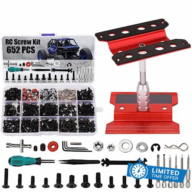 RC Car Stand and 652 PCS RC Screw Kit RC Car Work Stand Repair Workstation RC Hardware Kit Universal RC Car Screw Tools Assortment Kit and Portable RC Repair Stand for 1/8 1/10 1/12 1/16 Scale RC Car