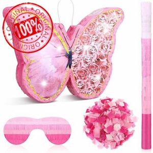 Zhanmai Butterfly Theme Pinata Bundle Girl Butterfly Party Pinata Set Include 15.4 x 11.3 x 2 Inch Pink Butterfly Pinata Bat Stick and Blindfold Mask for Butterfly Theme Birthday Party Supplies Decor