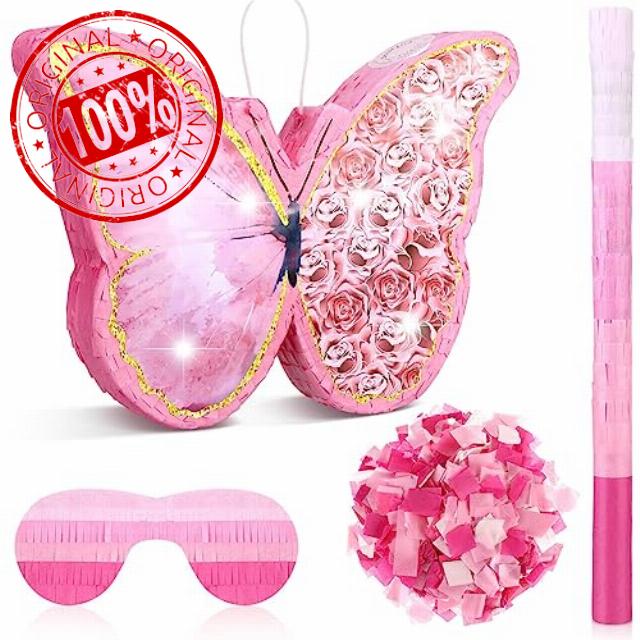 Zhanmai Butterfly Theme Pinata Bundle Girl Butterfly Party Pinata Set Include 15.4 x 11.3 x 2 Inch Pink Butterfly Pinata Bat Stick and Blindfold Mask for Butterfly Theme Birthday Party Supplies Decor