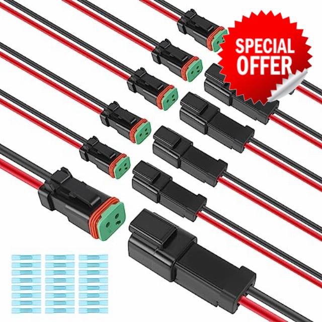 6 Kit Deutsch DT 2 pin Black Male Female Wiring Harness Deutsch Pigtail 2 Wire Way Waterproof Automotive Electrical Connector 16 AWG with Heat Shrink Tubing