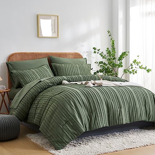 7 Pieces Bed in a Bag Jacquard Striped Tufted Farmhouse Solid Textured Comforters Queen Size