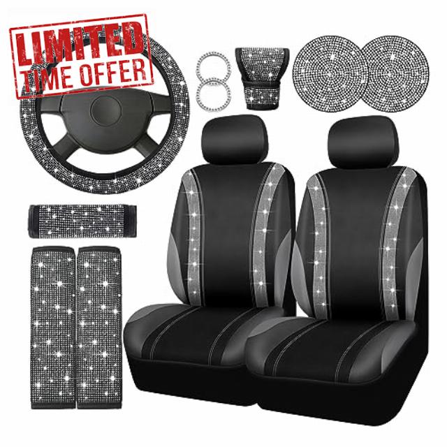 BBTO 14 Pcs Bling Car Seat Covers Full Set Rhinestone Crystal Steering Wheel Cover Shiny Seat Belt Glitter Cover Center Console Pad Cup Mat Diamond Car Accessories for Women Car Fit Most Car (Silver)