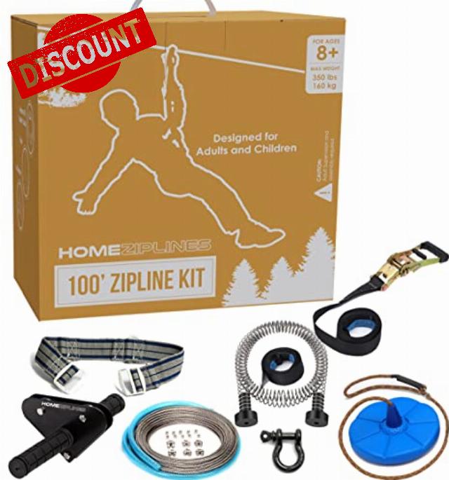 HomeZiplines Zip Line for Kids and Adults Up to 350 Lbs - 100/150 / 200 Ft - Quick Setup Zipline for Backyard Kids and Adults - 100% Rustproof W/Safety Harness - Zip Line for Adults - Zipline Kit