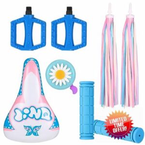 Datanly Kids Bike Seat Set Including Waterproof Kids Bicycle Saddle for Girls Bike Handlebar Grips with Tassel Streamers Bike Bell Bike Pedal