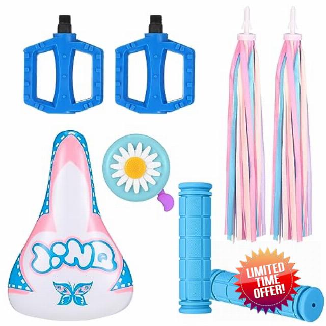 Datanly Kids Bike Seat Set Including Waterproof Kids Bicycle Saddle for Girls Bike Handlebar Grips with Tassel Streamers Bike Bell Bike Pedal