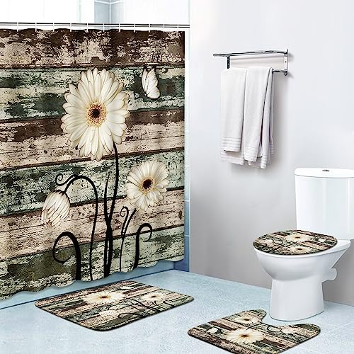 Butterfly Daisy Flower Floral Worn Vintage Wooden with Non-Slip Rugs