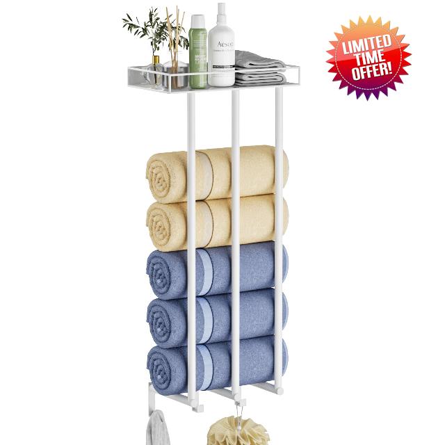 Ovicar Towel Racks for Bathroom - Wall Mounted Rolled Towels Storage with Metal Shelf & 3 Hooks