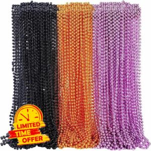 Sureio 144 Pcs Halloween Costume Beaded Necklaces 31.5'' Round Black Orange Purple Beads Necklaces Plastic Party Necklaces for Halloween Carnival Party Favors Decoration