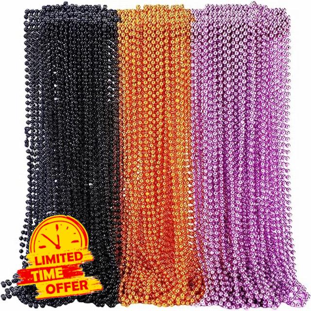 Sureio 144 Pcs Halloween Costume Beaded Necklaces 31.5'' Round Black Orange Purple Beads Necklaces Plastic Party Necklaces for Halloween Carnival Party Favors Decoration