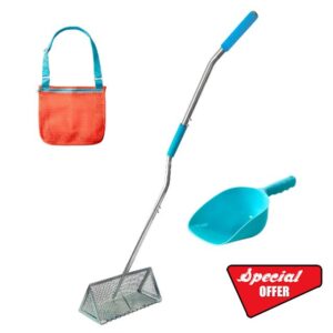 Sand Flea Rake - Commercial Grade Sandflea Rake and Beach Sifter for Shark Teeth - Heavy Duty 52&rdquo; Ergonomic Handle and Large 16&rdquo; Basket wth Sharp Teeth - Includes Sand Scoop and Beach Mesh Bag