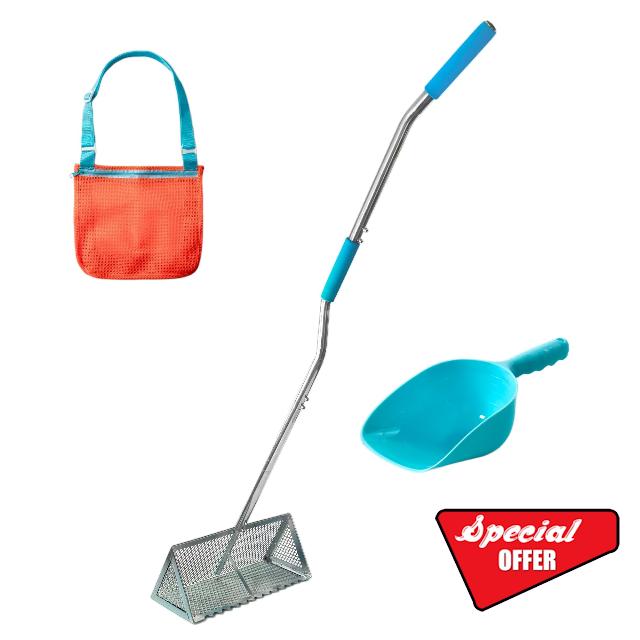 Sand Flea Rake - Commercial Grade Sandflea Rake and Beach Sifter for Shark Teeth - Heavy Duty 52” Ergonomic Handle and Large 16” Basket wth Sharp Teeth - Includes Sand Scoop and Beach Mesh Bag