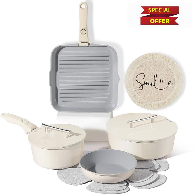 Pots and Pans Set with Removable Handle - 12 Pcs Nonstick Ceramic Cookware Set with Lids