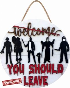 TNHINA 3D Horror Welcome Sign for Front Door Halloween Horror Classic Movie Character Welcome Wooden Door Sign Hanging Decoration