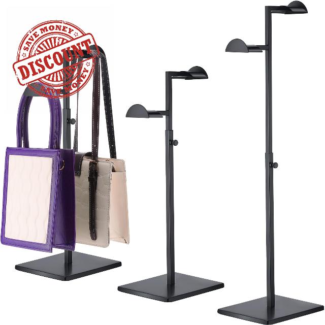Hicarer 4 Pcs Stainless Steel Purse Display Stand Adjustable Height Handbag Display Stand Hanging Double Hook Polished Hanger Bag Holder Stand Hat Jewelry Display Rack for Boutique Store (Black)