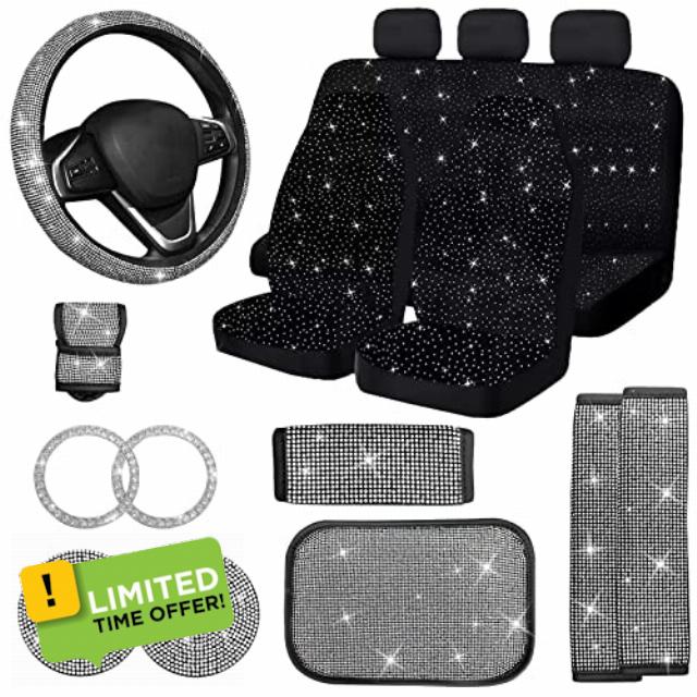 Jusen 17 Pieces Bling Velvet Fabric Car Seat Covers&hellip; (Black)&hellip;